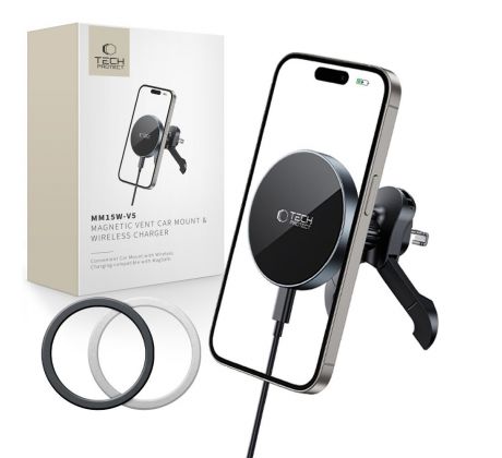 TECH-PROTECT mm15W-V5 MAGNETIC MAGSAFE STABLE VENT CAR MOUNT WIRELESS CHARGER 15W BLACK/BLACK