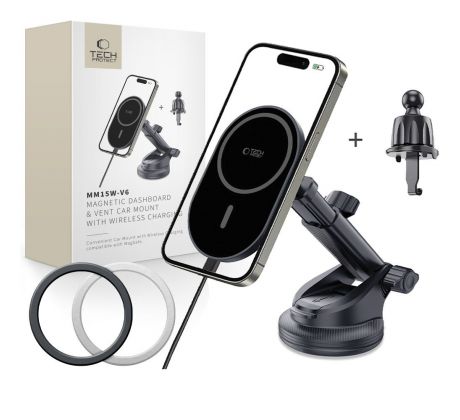 TECH-PROTECT mm15W-V6 MAGNETIC MAGSAFE DASHBOARD & VENT CAR MOUNT WIRELESS CHARGER 15W BLACK/BLACK