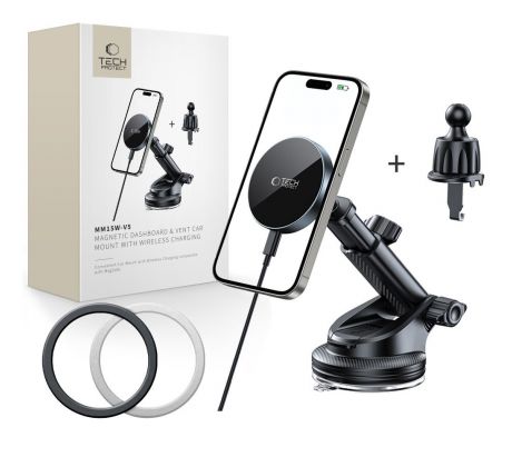 TECH-PROTECT mm15W-V5 MAGNETIC MAGSAFE DASHBOARD & VENT CAR MOUNT WIRELESS CHARGER 15W BLACK/BLACK