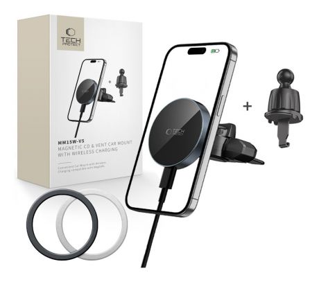 TECH-PROTECT mm15W-V5 MAGNETIC MAGSAFE CD & VENT CAR MOUNT WIRELESS CHARGER 15W BLACK/BLACK