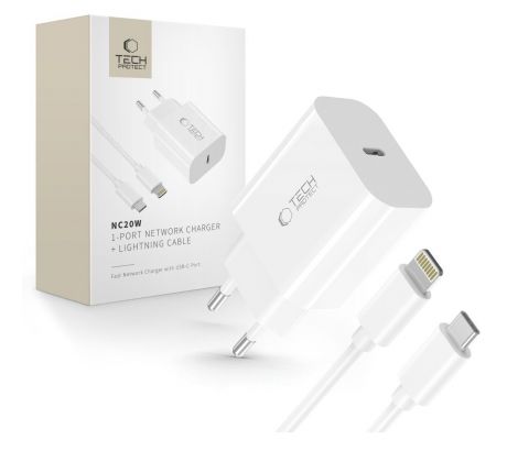 TECH-PROTECT NC20W 1-PORT NETWORK CHARGER PD 20W + LIGHTNING CABLE WHITE