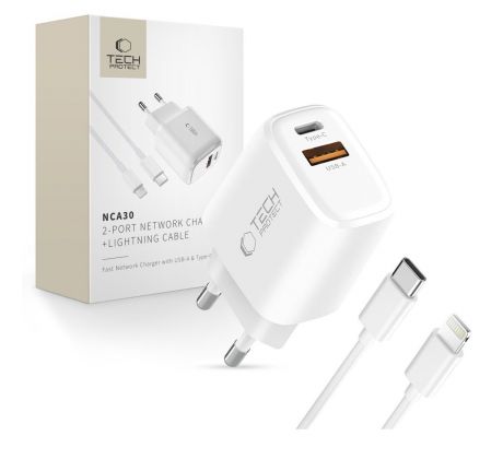 TECH-PROTECT NCA30 2-PORT NETWORK CHARGER PD 30W / QC3.0 + LIGHTNING CABLE WHITE